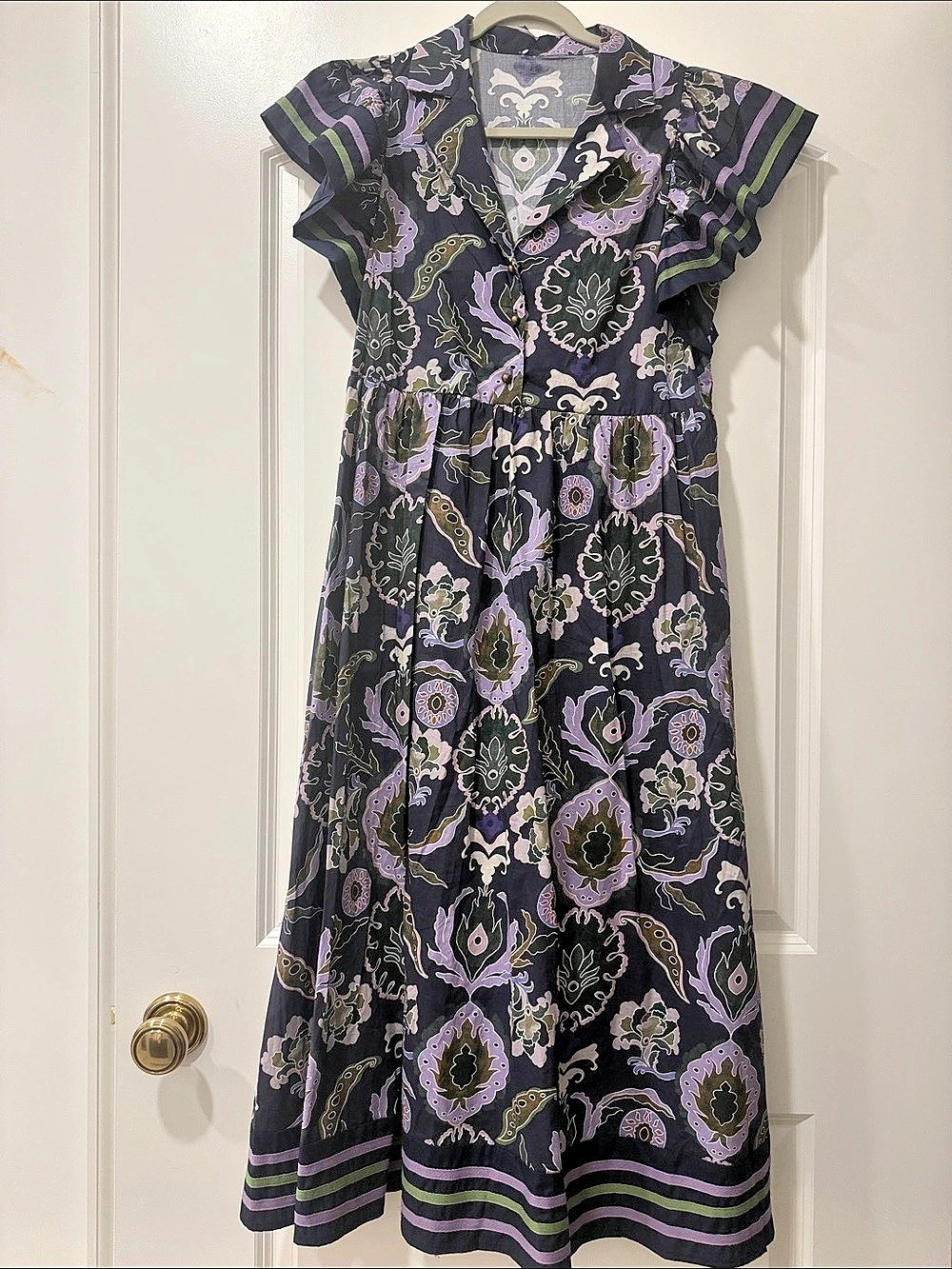 Entro Navy Multi Flutter Sleeve Cotton Midi Dress Small